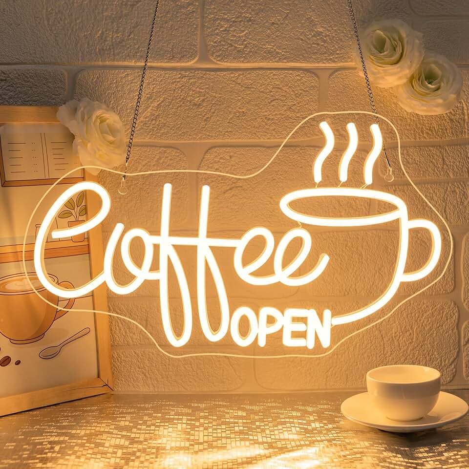 Coffee Open Neon Schild, Coffee Led Schild Warm White für Wanddekoration, Neon Sign Zeichen Licht Kaffeegeschäft, Leuchtschild Wand Dekor für Coffeeshop,Dessert Store,Restaurant