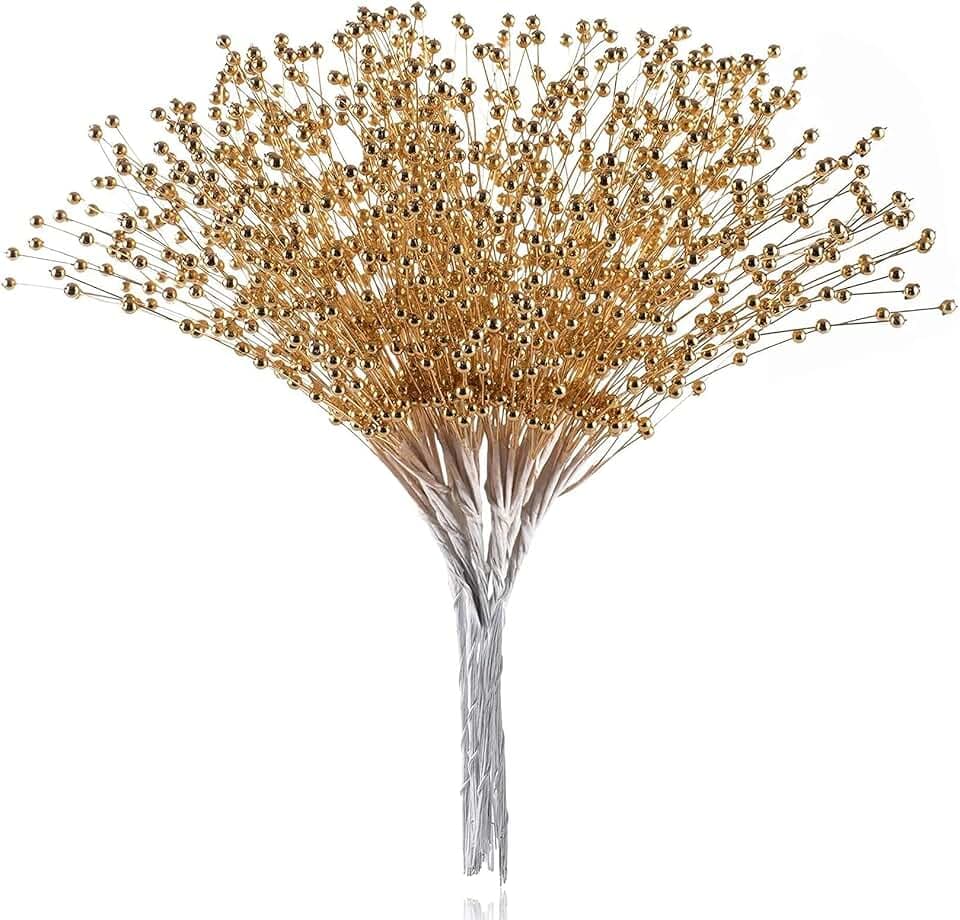 50pcs Beaded Stick Bride Wedding Pearl Bouquet Party Decoration, Christmas Decorations, 4mm Pearl Bouquet Christmas Flower, Christmas Tree Picks and Sprays (Gold)