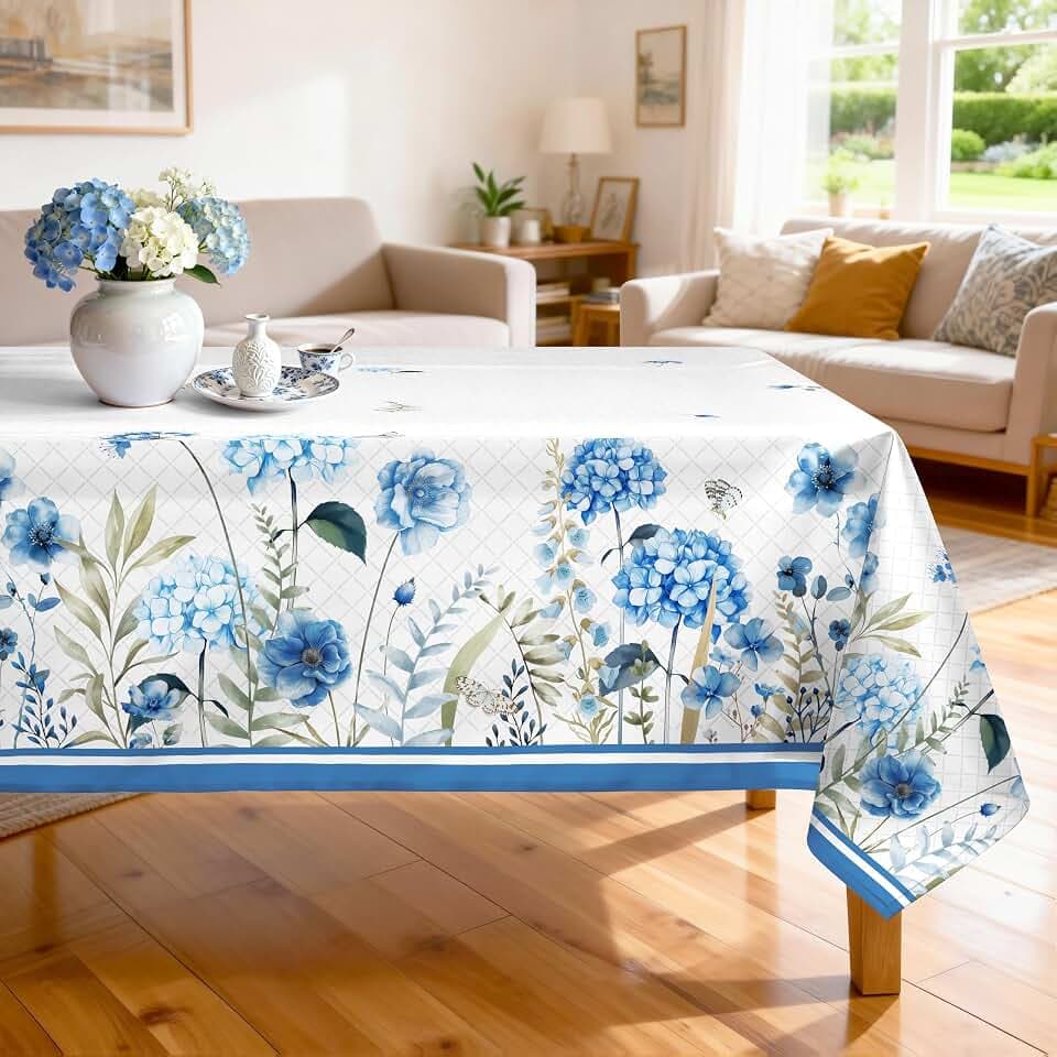 Hydrangea Tablecloth 60 x 84 in Rectangular, Blooming Floral Print