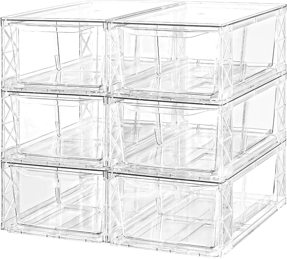 6 Pack Acrylic Storage Drawers, Clear Stackable Storage Drawers, Acrylic Organizers Drawers for Under Sink, Pantry, Bathroom, Makeup Organizers Cosmetic Display,Classroom Storage Organization, Medium