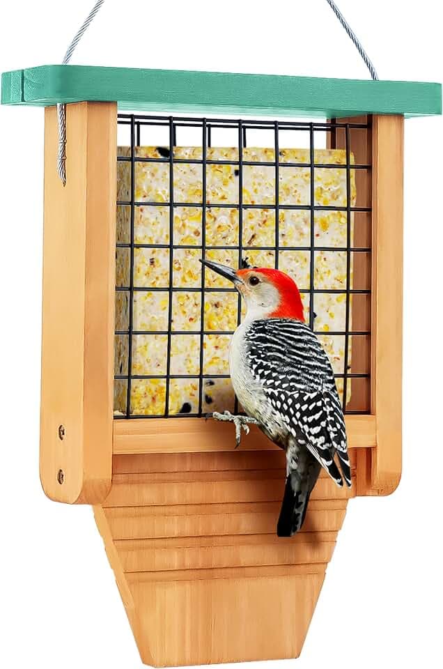Gbekery Wooden Suet Feeder with Tail Prop for Outside Hanging, Green Roof