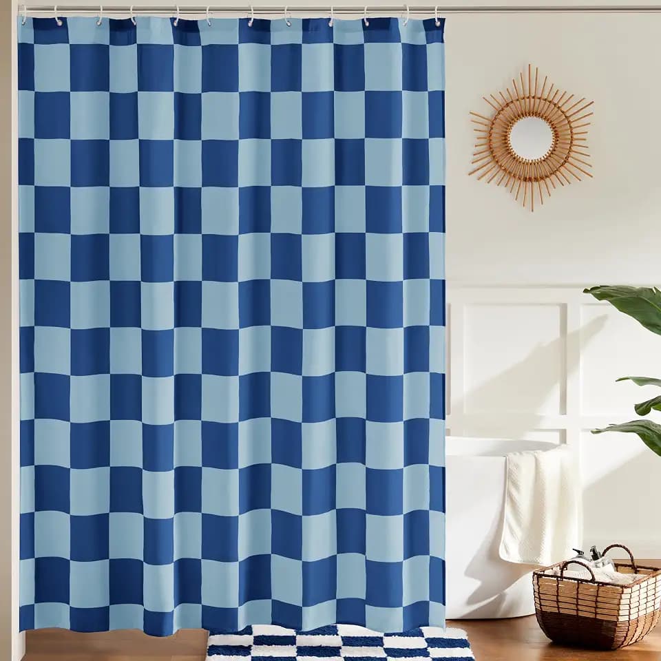 Ohocut Checkered Shower Curtain, Shower Curtains for Bathroom, Cute Retro Checkboard Shower Curtain Vintage Aesthetic, Washable Fabric Bath Curtain (Double Blue, 72''x72''(183x183cm))