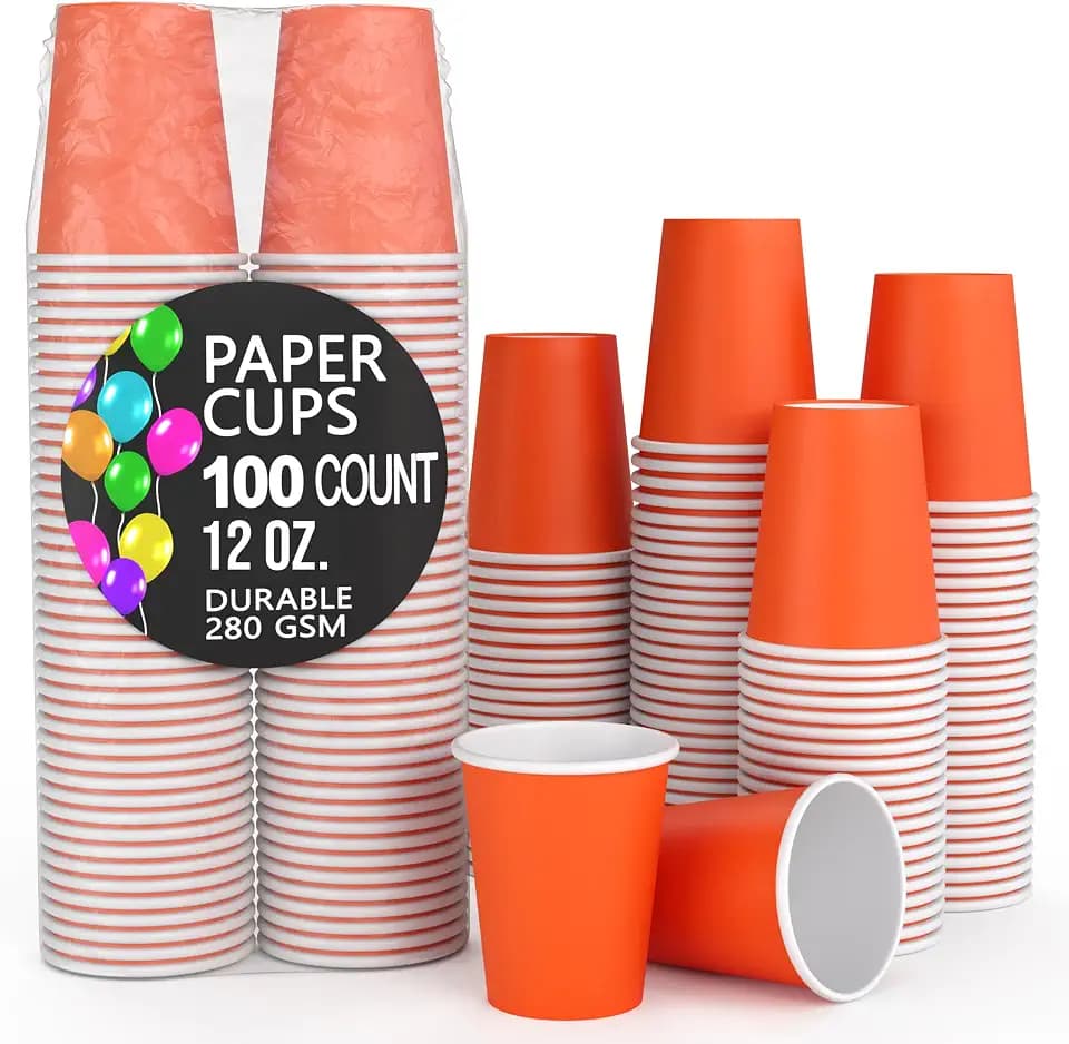 Party Solids Orange Paper Cups 12 Oz Durable Disposable Cups 100 Paper Tumblers for Hot Drinks and Cold Drinks Thick 280 GSM Hot Cup for Tea & Coffee Cup to Go Fun Colors for Parties & Events