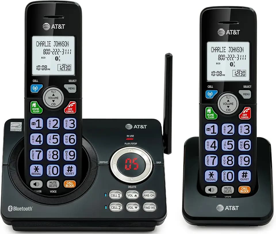 AT&T DECT 6.0 Cordless Phone, 2-Handset – Smart Call Blocker, Bluetooth Connect to Cell, Caller ID Announce, Answering Machine | DL72279