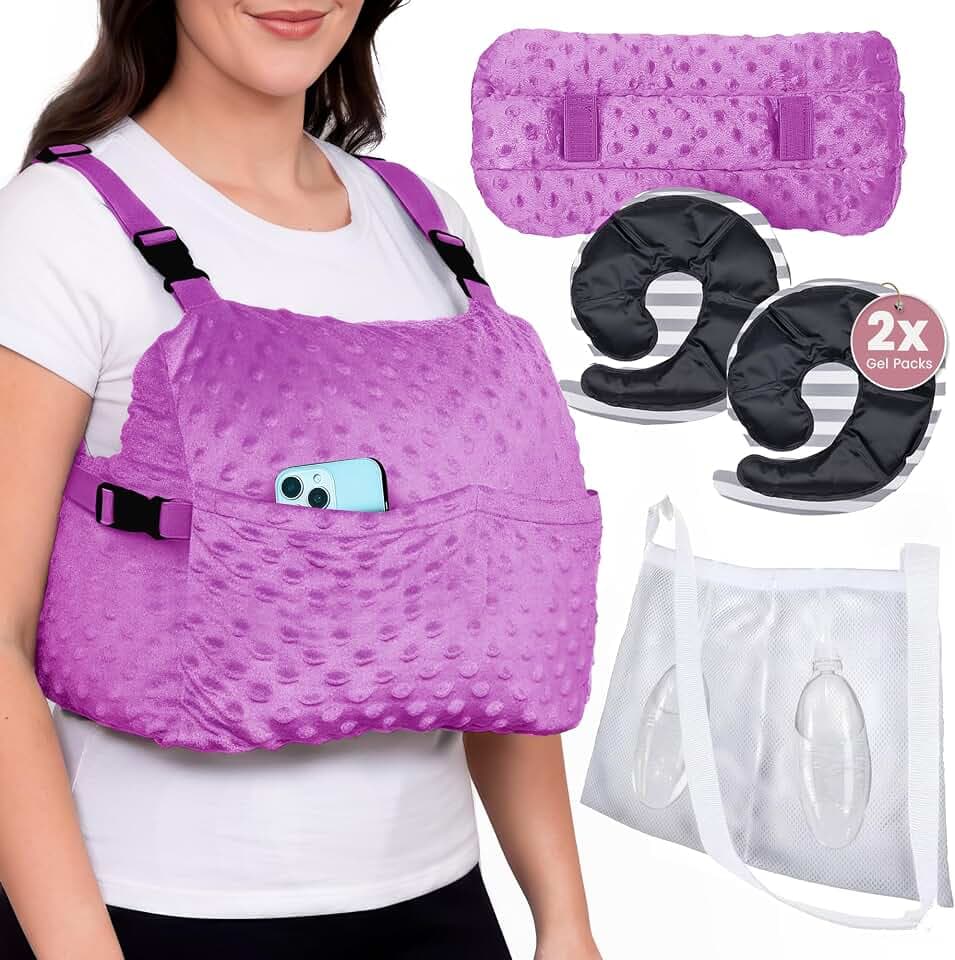 5 Piece Mastectomy Recovery Kit – Post Mastectomy Pillow with Strap, 2 Hot/Cold Gel Packs, Seat Belt Cover & Shower Lanyard – Breast Surgery Pillow for Augmentation & Reduction – Washable Cover