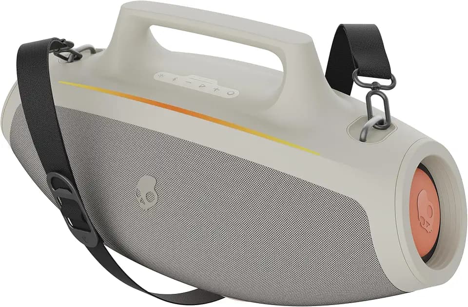 Skullcandy Barrel Bluetooth Boombox Speaker – Water-Resistant Wireless Portable Speaker, with LED Lightshow Mode, 12 Hour Battery, Multi-Link, & USB-C & USB-A Output Charging (Bone)