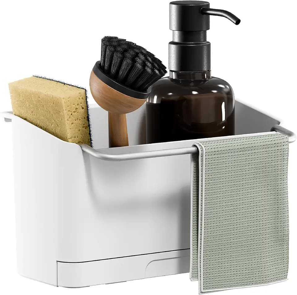 tesa Spülbecken-Organizer zum Kleben ohne Bohren – Schwammhalter Küche,Spülbürstenhalter & Spültuchhalter Spülbürste, Schwamm und Spüllappen - schmal – modernes Küchenzubehör Wandmontage – Weiß