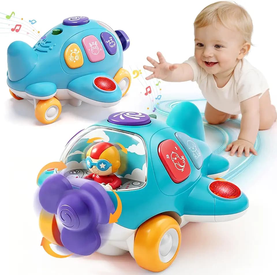 GONINO Baby Crawling Airplane Toy, Bump & Go Musical Toy with Lights