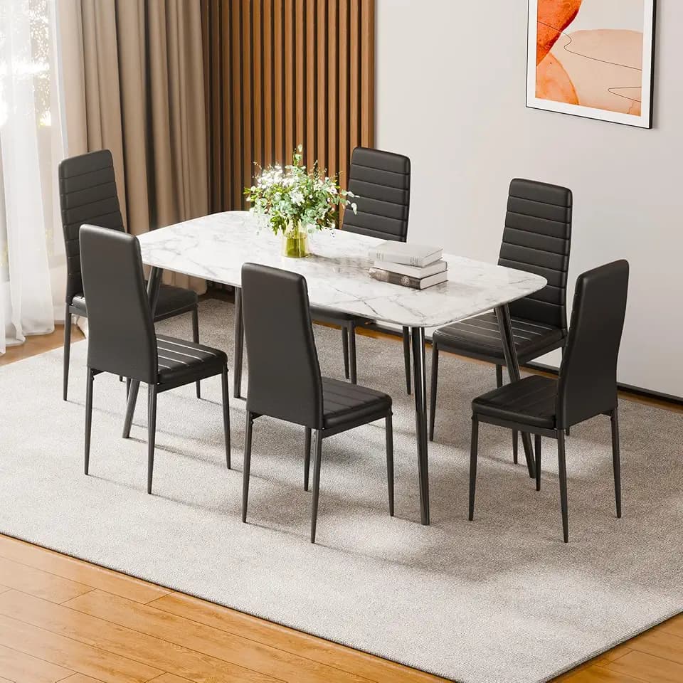 VEVOR Modern Dining Room Accent Chairs Set of 6, Upholstered Leather Side Chair for Living Room, Space-Saving Kitchen Chair with Thick Cushions and Metal Legs, Black