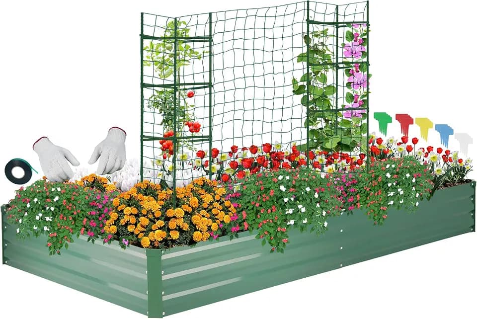 ONCEMORE Galvanized Raised Garden Bed for Vegetables Flowers Herbs, Metal Raised Garden Bed Kit with 2 PCS Tomato Cage, Gloves, Trellis Netting, Plant Labels, Plant Ties, Green 6×3×1FT