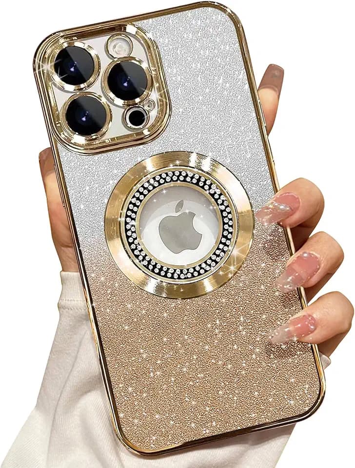 Misscase for iPhone 14 Pro Magnetic Glitter Case Compatible with MagSafe,Full Protection Slim Shockproof Anti-Scratch Case with Camera Lens Protector Logo View Dust-Proof Net for Women Gold