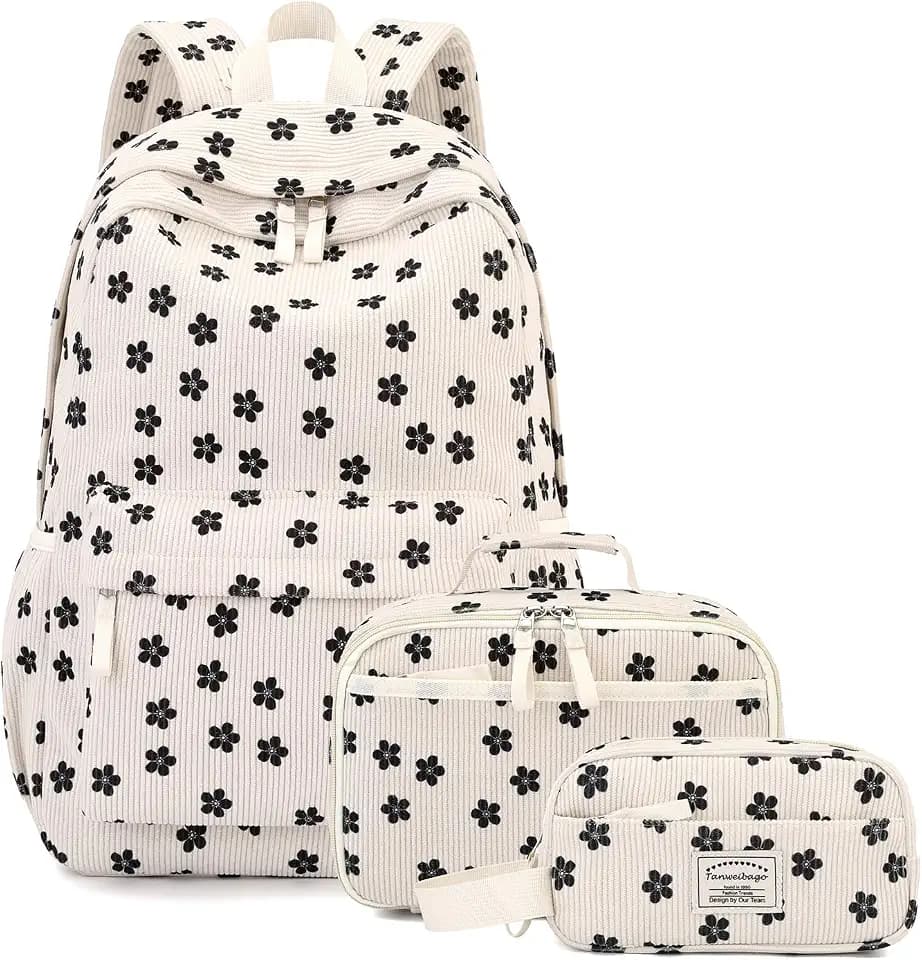 Corduroy Backpack for Kids with Lunch Box & Pencil Bag(Flower Black)