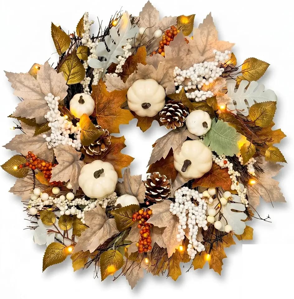 Lighted Fall Wreath for Front Door, Pre Lit Thanksgiving Wreath with Timer
