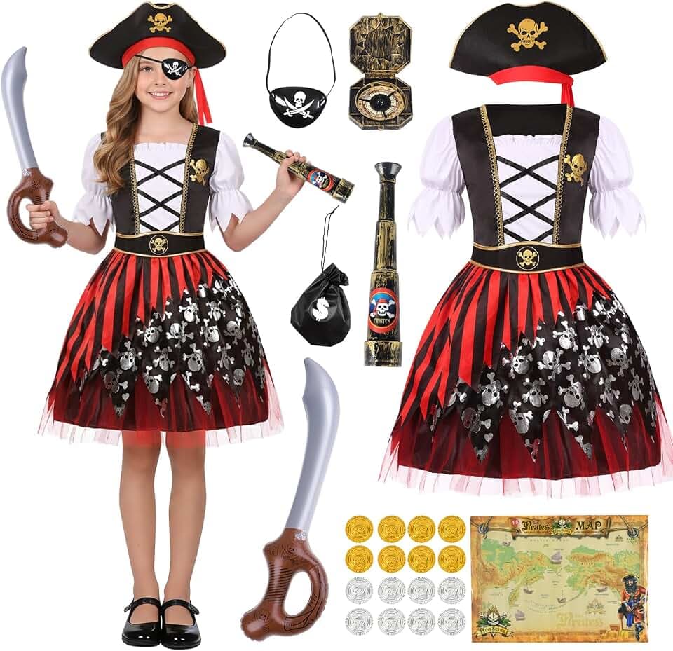Piratenkostüm Kinder, Piraten Deko Kindergeburtstag, Piraten Karneval Kostüm Junge Mädchen mit Piratenhut Pirat Augenklappe, Karneval Cosplay Piratenkostüm für Mädchen Junge