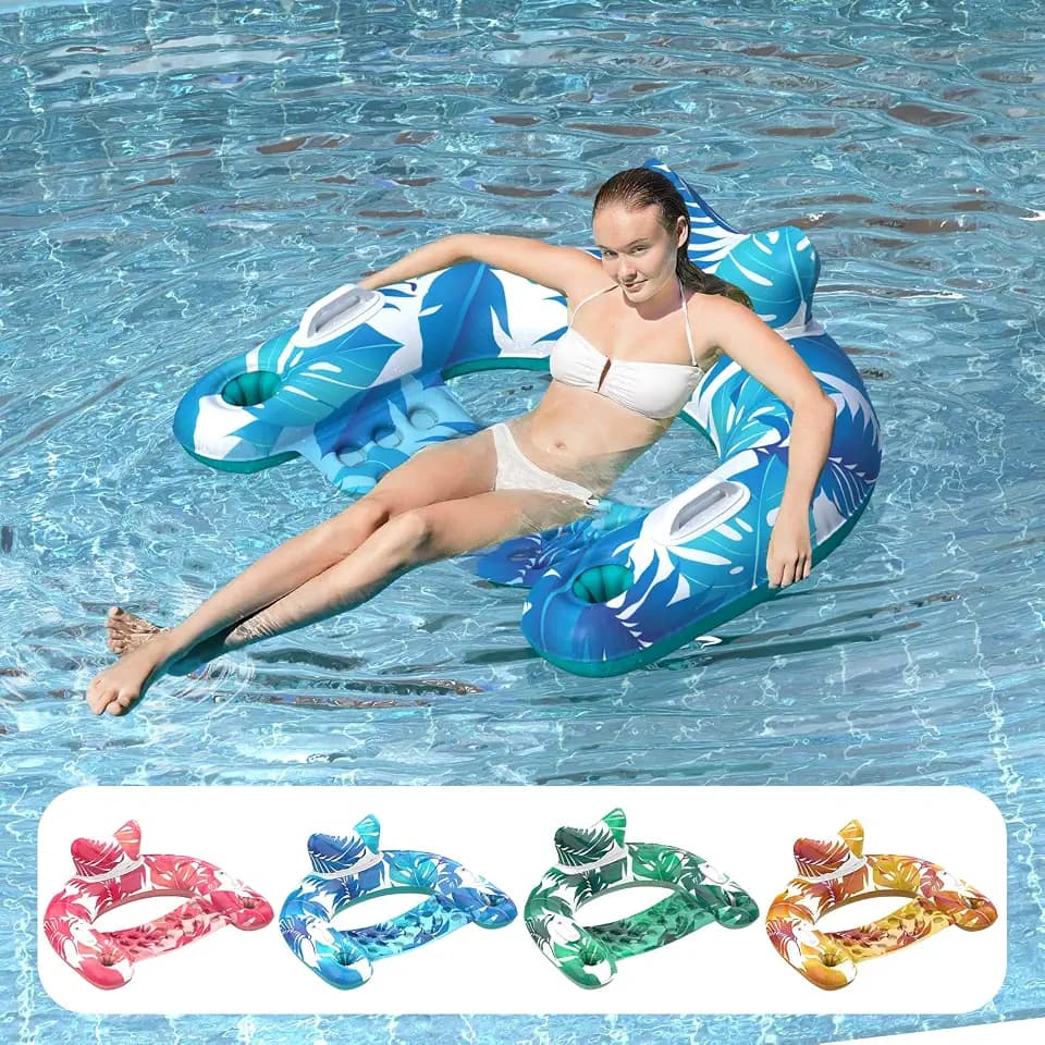 Pool Floats, 4 Pack Inflatable Pool Floats Adult with Cupholders, Handles & Ergonomic Headrest, Float Chairs for Pool Party, Lake & River, Relaxing Inflatable Chair for Summer Water Fun
