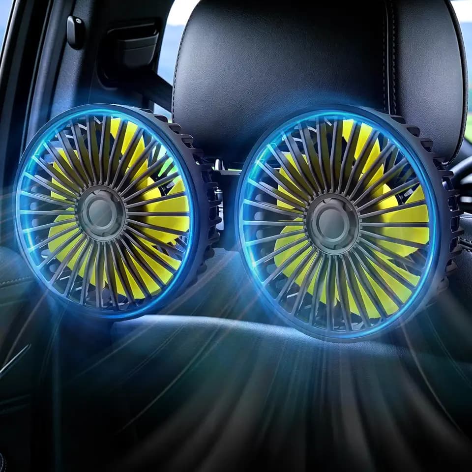 XOOL Car Fan for Backseat Kids, Dual Head USB Car Cooling Fans - 3 Speeds 360° Rotatable Rear Headrest Fans, 5V/2A Powerful Electric Air Circulation Fan for Vehicles SUV RV