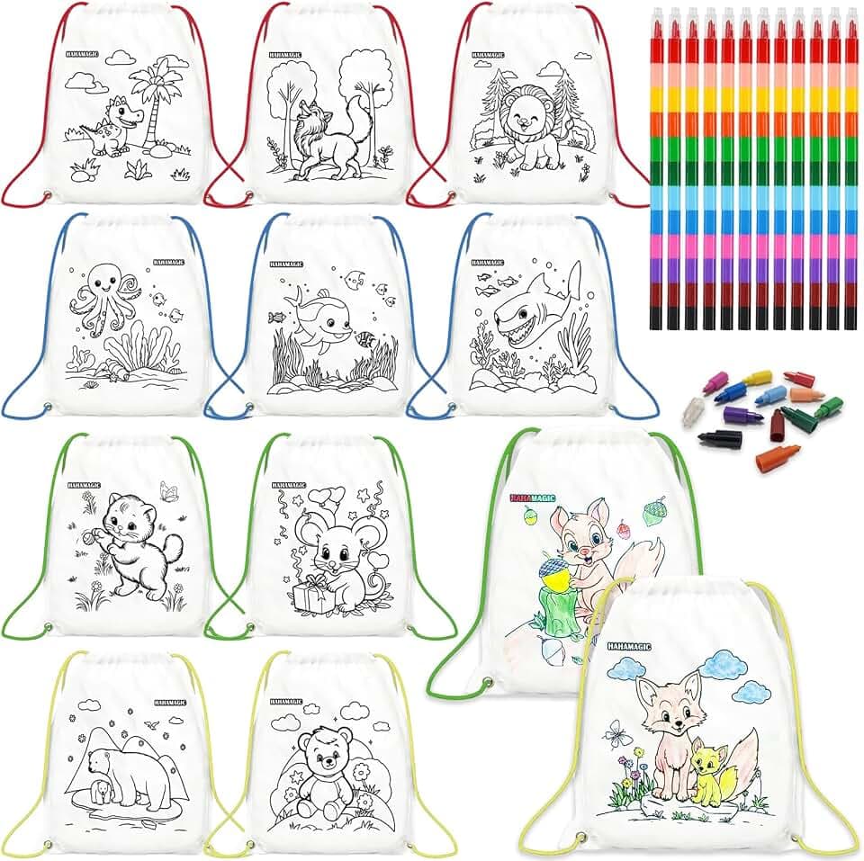 12 Coloring Kids Drawstring Backpack with 12 Crayons(12-in-1)
