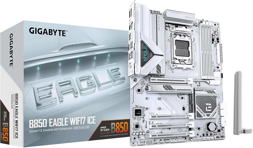 GIGABYTE B850 Eagle WIFI7 Ice Mainboard – AMD Ryzen 9000 Serie Prozessoren, digitales 8+2+2 Phasen VRM, bis zu 8200 MHz DDR5 (O.C.), 1x PCIe 5.0 + 2X PCIe 4.0 M.2, Wi-Fi 7, 2.5 GbE LAN, USB 3.2 Gen 2
