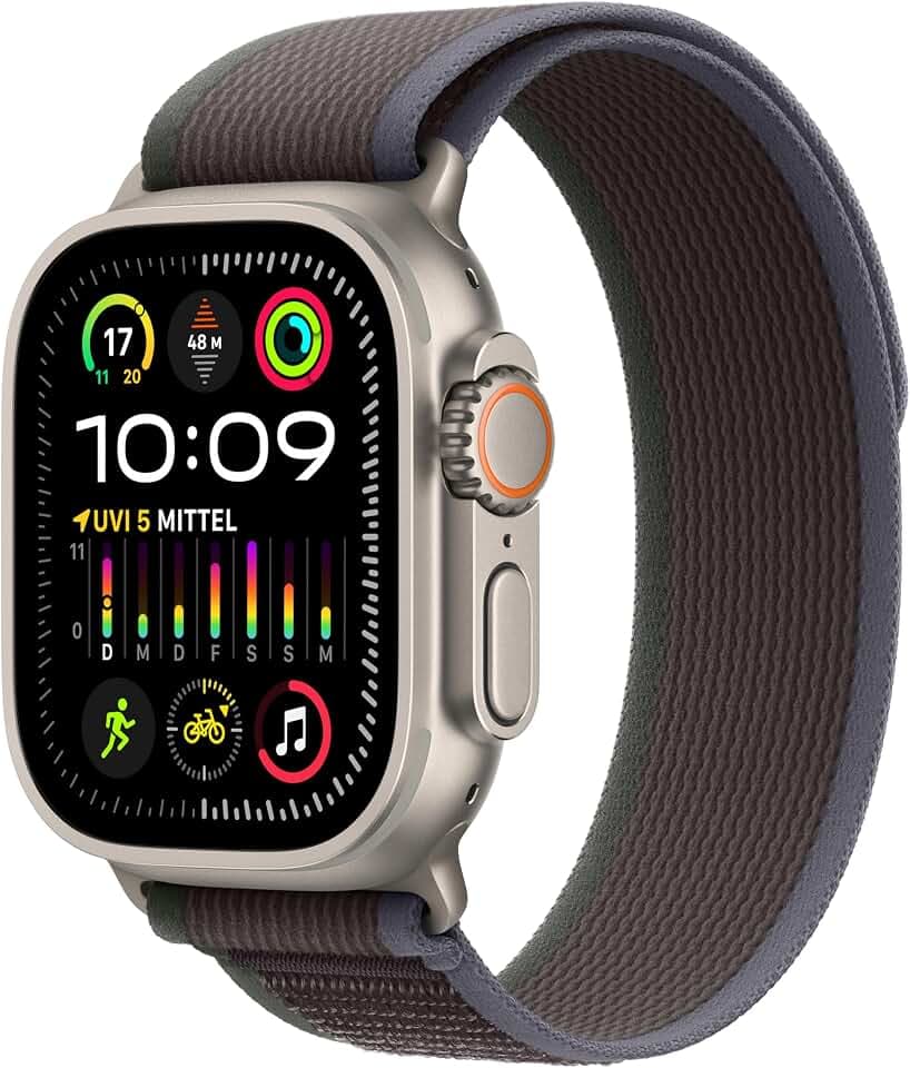 Apple Watch Ultra 2 (GPS + Cellular, 49 mm) Smartwatch mit robustem Titangehäuse und Trail Loop Armband (M/L) in Blau/Schwarz. Fitnesstracker, präzises GPS, extra Lange Batterielaufzeit, CO₂ neutral