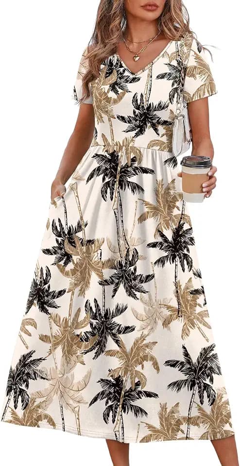OFEEFAN Summer Dresses for Women Flowy Casual A-Line Midi Dress Beach Vacation Sundresses with Pockets S-2XL