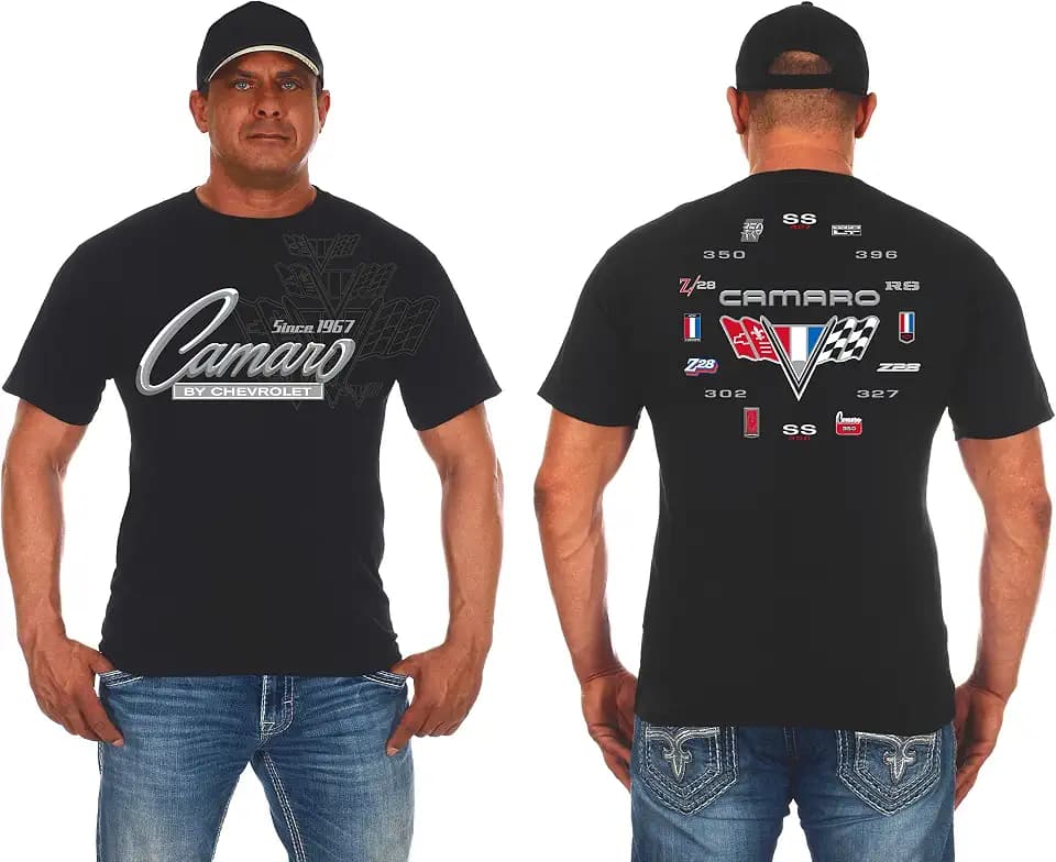 JH Design Men's Chevy Camaro Collage T-Shirt Short Sleeve Black Crew Neck Shirt