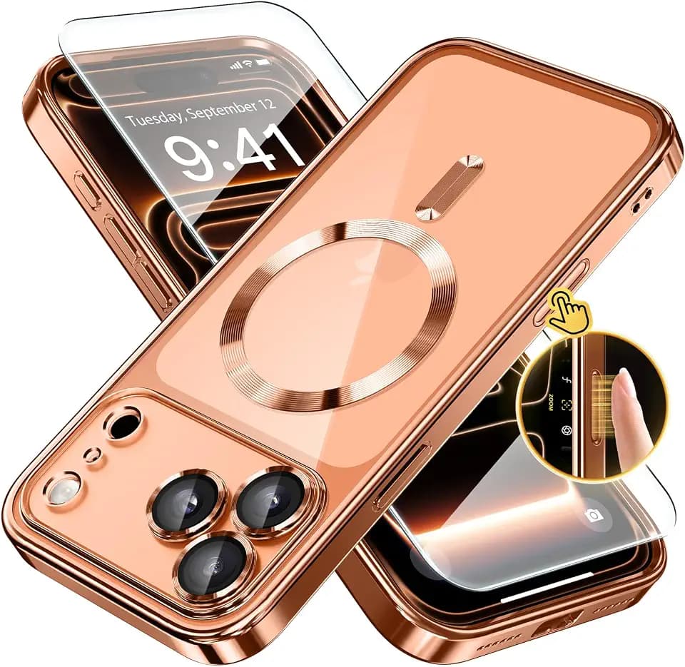 Magnetic Case for iPhone 17 Pro with Screen Protector, [Compatible with MagSafe][Camera Protection][16FT Military Protection]Slim Shockproof Plating Phone Case for iPhone 17 Pro, Cosmic Orange/Clear