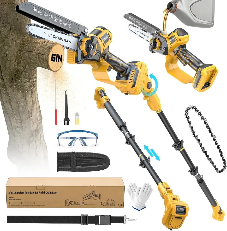 Ecarke 2-in-1 Electric Pole Saw Compatible with Dewalt 20V Battery, 6 Inch Mini Chainsaw Brushless Tree Trimmer with Extension Pole, 16FT Max Total Reach, Tree Saw for Trimming Pruning (Tool Only)