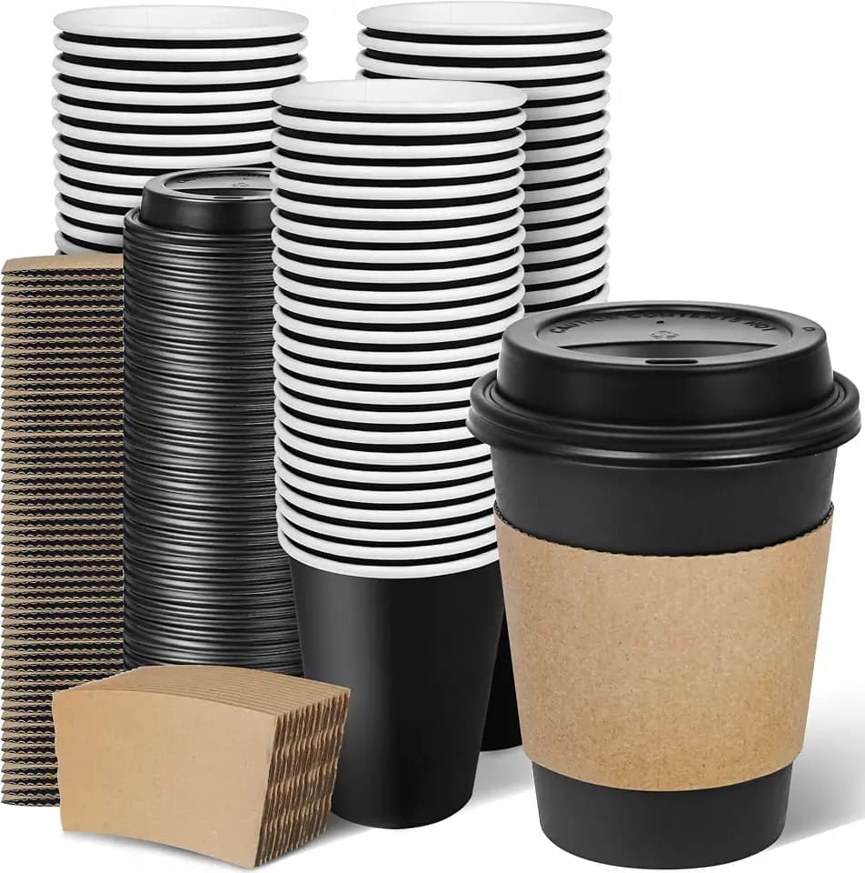Ginkgo 100 Pack 12 oz Disposable Coffee Cups with Lids and Sleeves