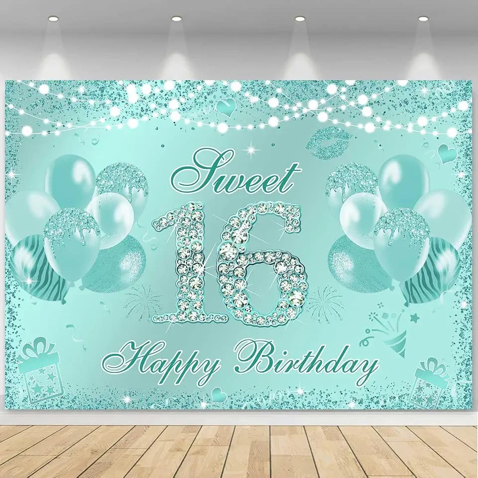 Sweet 16 Birthday Banner Teal Blue Sweet Sixteen Party Decorations Sweet 16 Backdrop Turquoise Glitter Balloon Girls 16 Year Old Birthday Party Supplies Photo Booth Props 70.9x46.9 inch