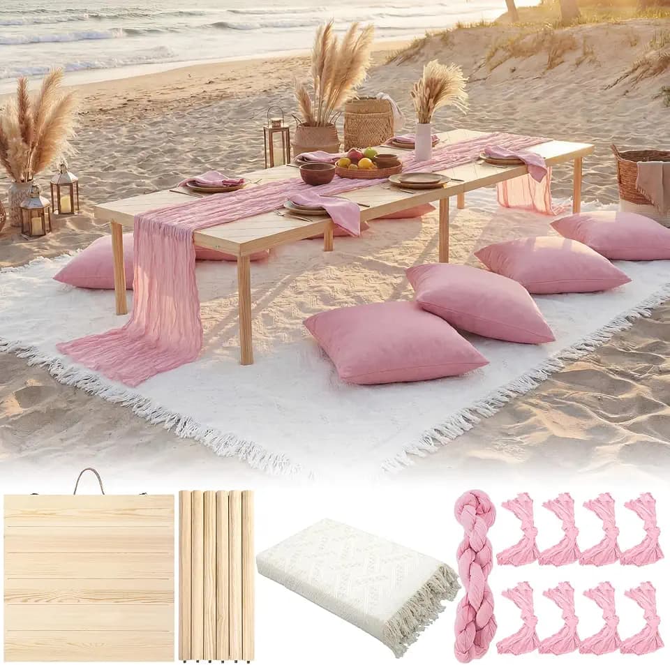 Novabright Low Boho Picnic Table Set,Pink,Large Size,for 8 Person