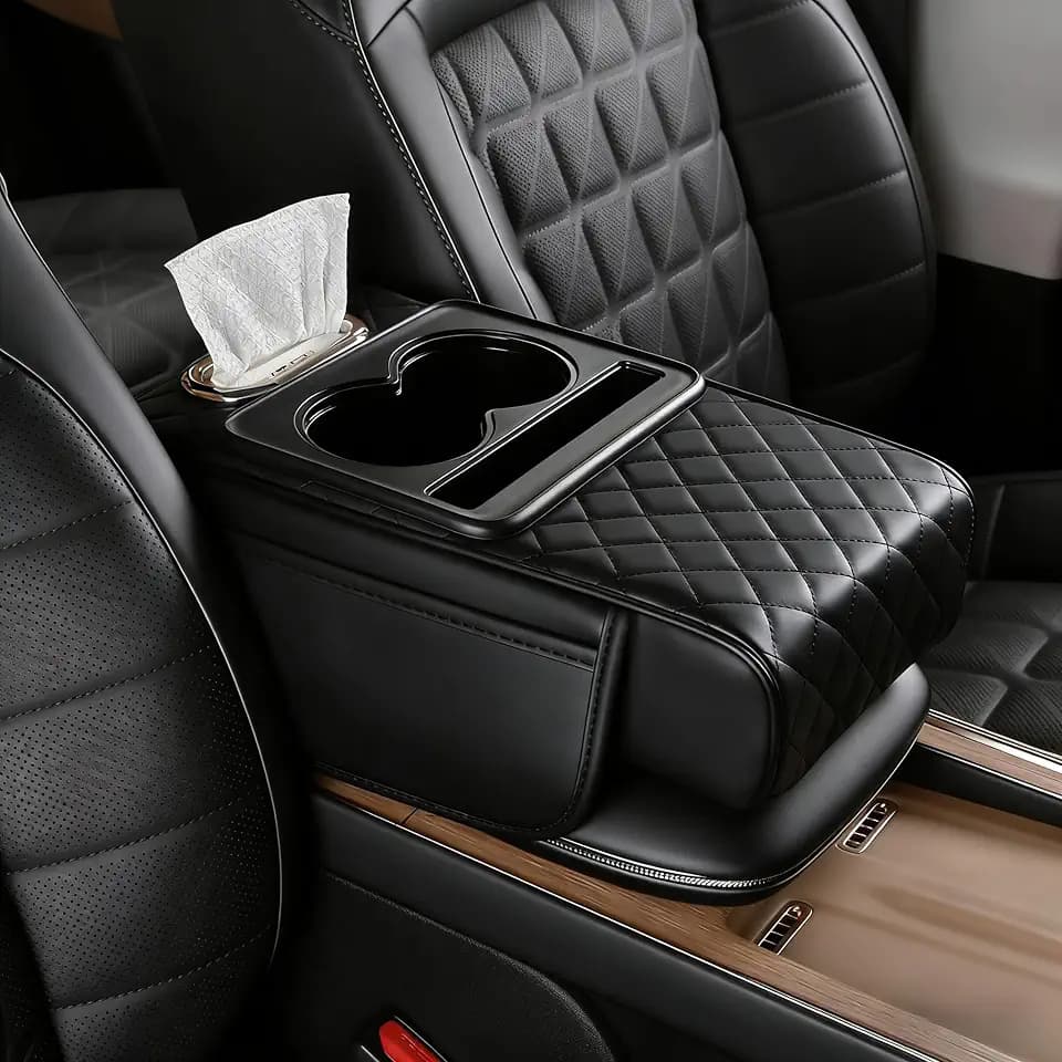 Leather Car Armrest Cover, 5-in-1 Console Cushion with Storage & Cup Holder