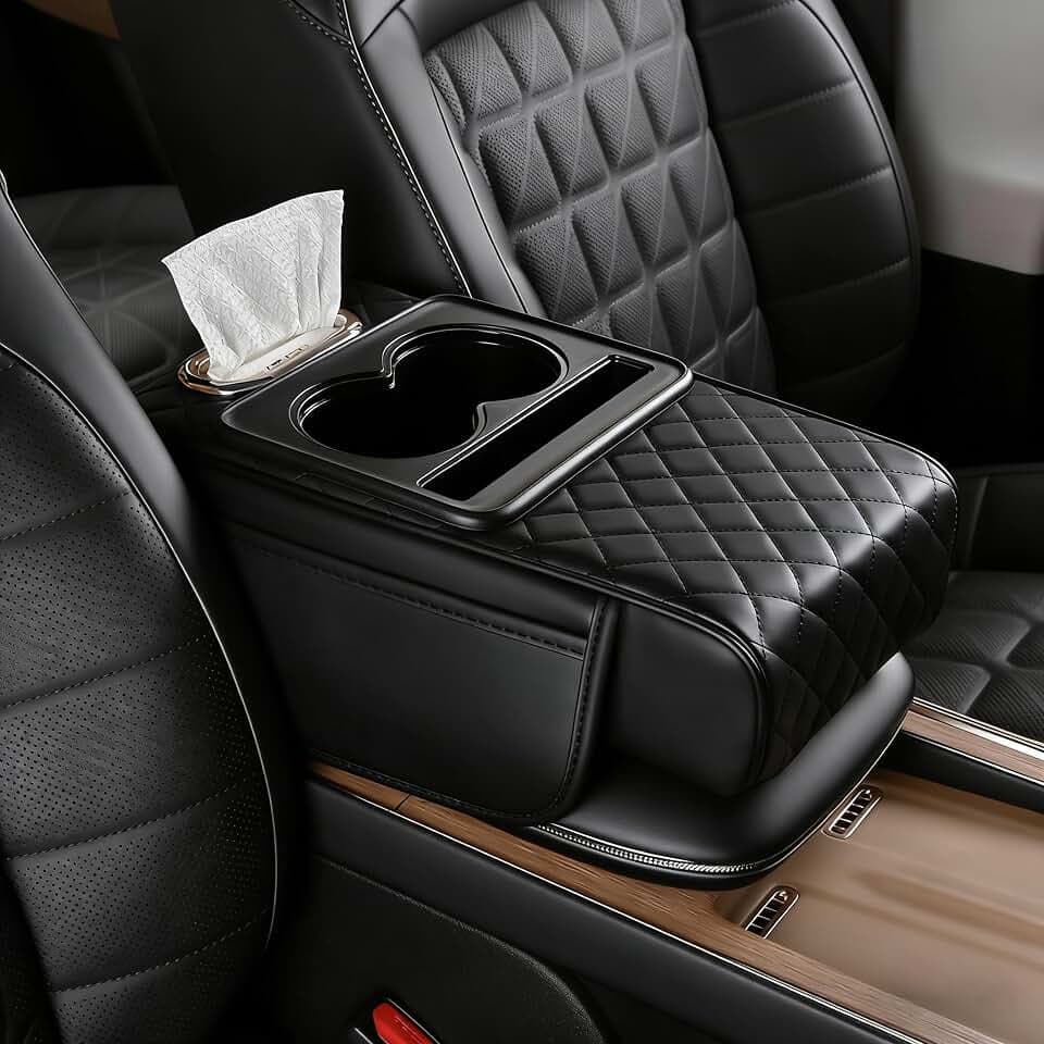 5-in-1 Nappa Leather Console Armrest Cover with Cup Holder
