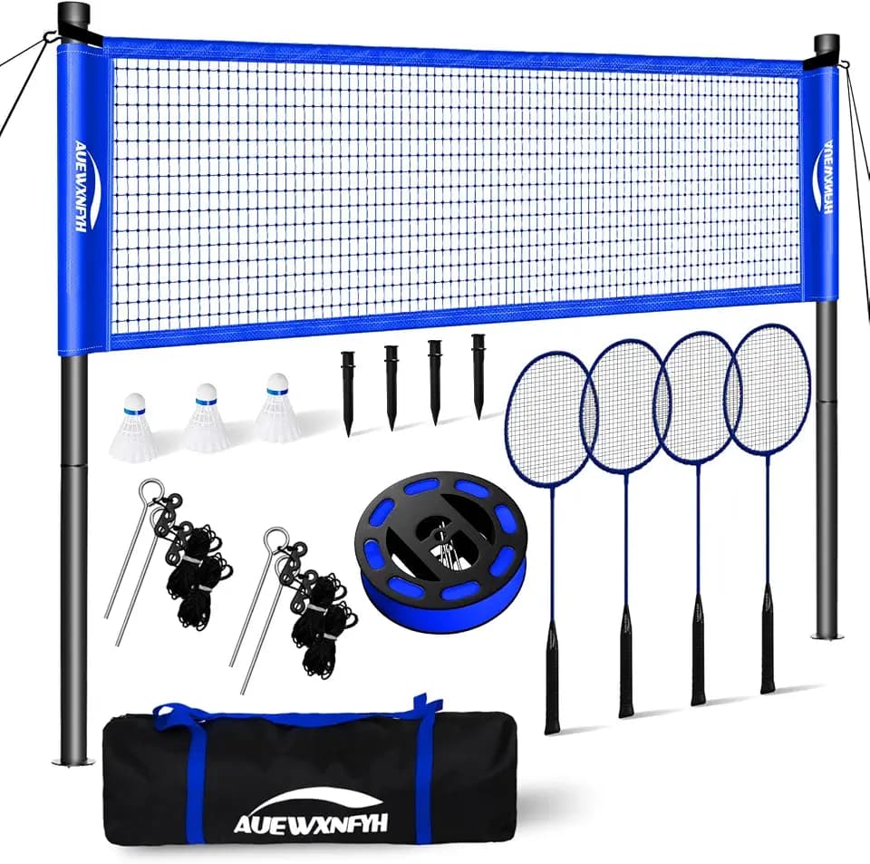 Portable Badminton Set, Heavy-Duty Outdoor Net with 4 Rackets, 3 Shuttlecocks & Boundary Line for Backyard Lawn Beach Family Games