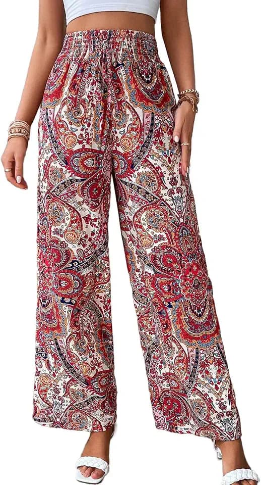 YUTILA Damen Weite Hosen Sommer Boho Strandhose Leichte und Luftige High Waist Freizeithose Casual, Lockere,Muster,Boho,Strandhose mit Kordelzug und Taschen
