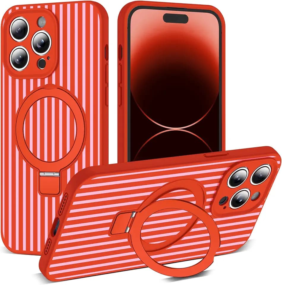 SKYLMW Striped Case for iPhone 14 Pro Max with Stand,6.7" Red/Pink