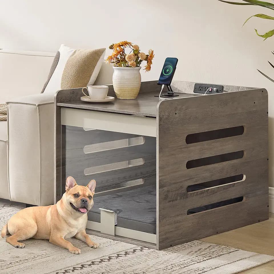 Feandrea Dog Crate Furniture, Flip-Up Hidden Acrylic Door, Charging Station