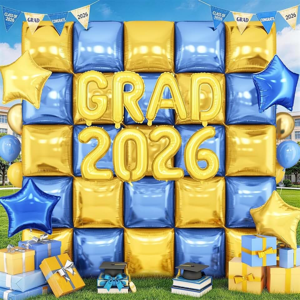 2026 Graduation Decorations Blue Gold,Square Foil Balloon Backdrop Wall and 2026 GRAD Balloon Banner for College High School Class of 2026 Party Decorations