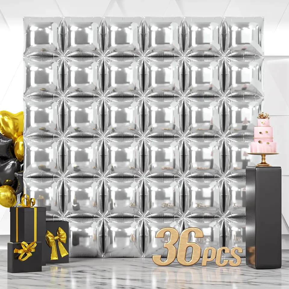 NISOCY 36PCS Metallic Silver Square Foil Balloons Wall Backdrop