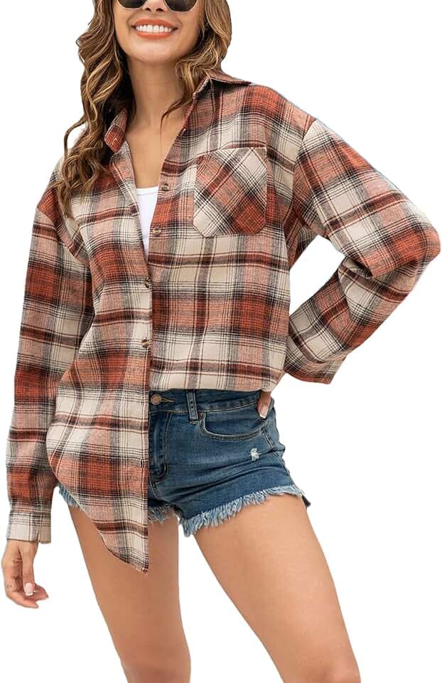 Lumister Womens Oversized Flannel Shirt Plaid Button Fall Top with Pocket