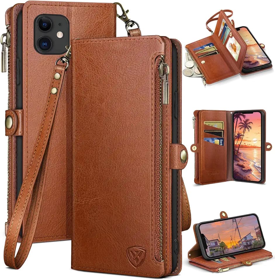XcaseBar for iPhone 12/12 Pro 6.1" Wallet case with Zipper Credit Card Holder【RFID Blocking】, Flip Folio Book PU Leather Phone case Shockproof Cover Women Men for Apple 12 case Light Brown