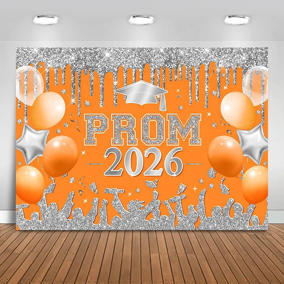 Orange and Silver Prom 2026 Graduations Backdrop Class of 2026 Congratulate Graduation Background Party Decorations 2026 Congrats Grad Banner Photo Booth Props (Orange and Silver, 7x5ft)
