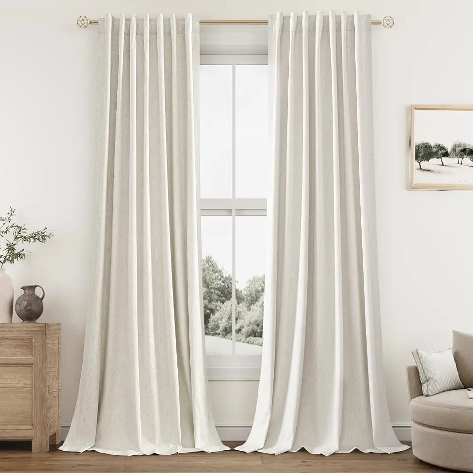 Guken 100% Blackout Linen Curtains 92 Inch Long for Bedroom 2 Panels Cream