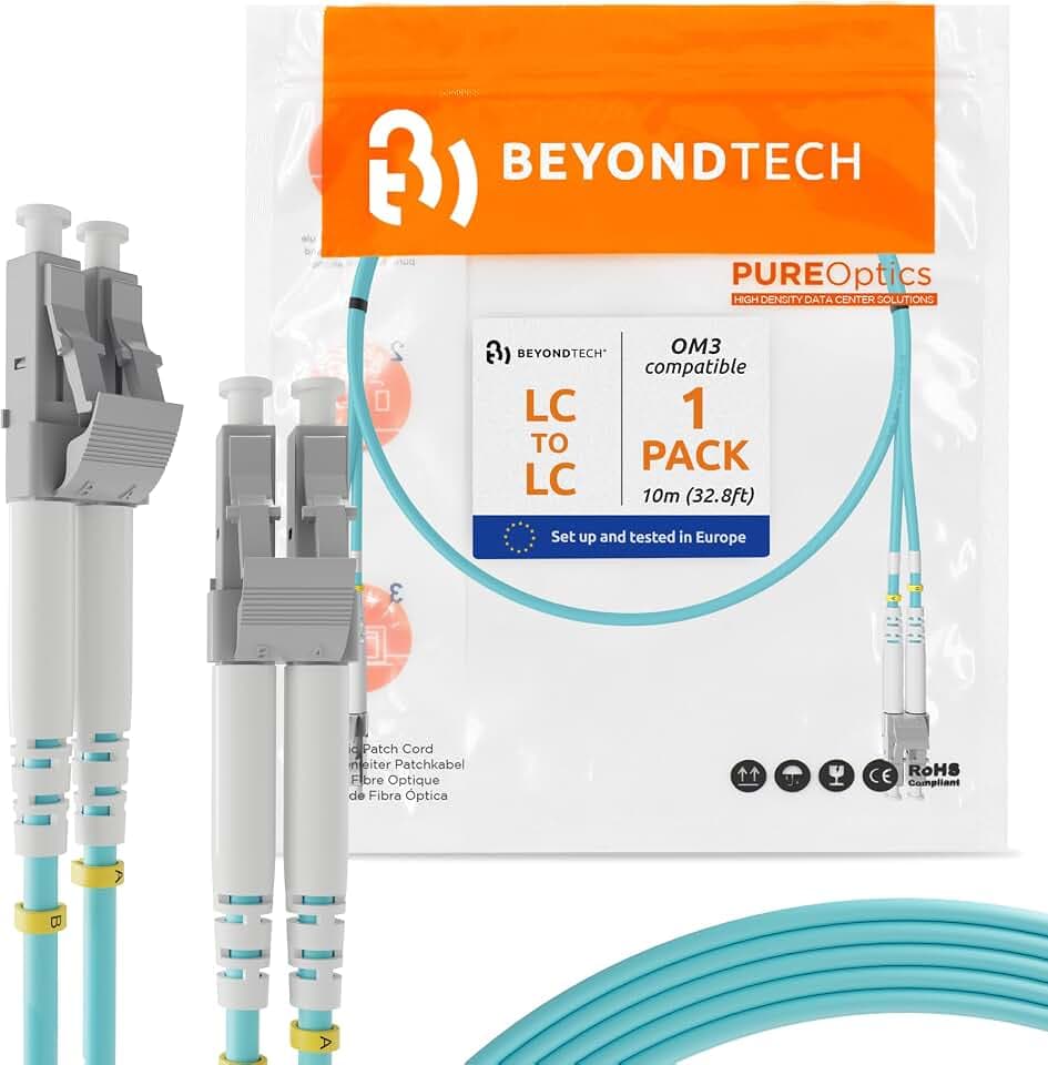 BEYONDTECH 10m (32.8ft) LC to LC Fiber Patch Cable – UPC Multimode Duplex Fiber Optic Cable – 50/125µm core, Compatible with OM3 – 10G LSZH PUREOptics Series