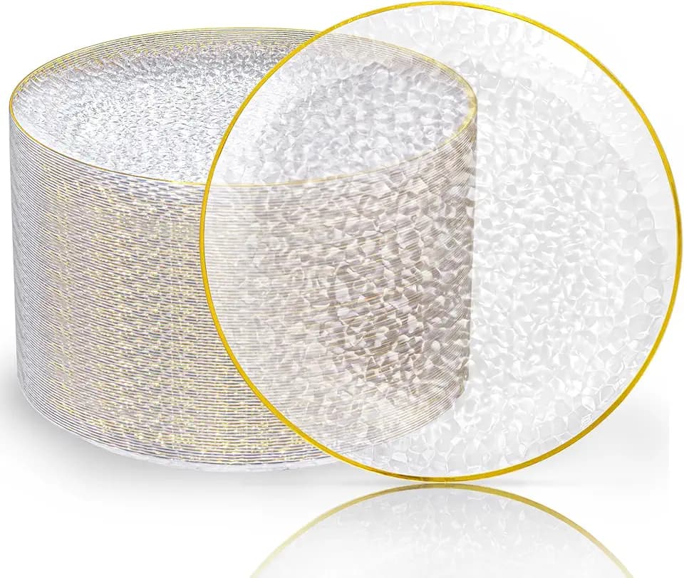 Rubtlamp 100 Pcs Gold Plastic Plates, 10 inch Clear Gold Dinner Plates, Hammer Pattern Design, Fancy Disposable Plate, Heavy Duty Party Plate Ideal for Party
