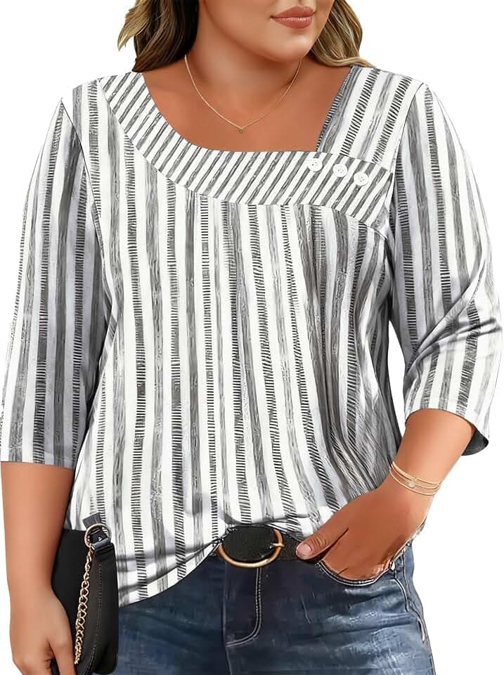 LOMON Womens Plus Size Tops 3/4 Length Sleeve T Shirts Asymmetrical Neck Blouses for Women Fashion 2026