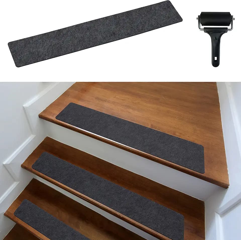 Treppenstufen Matten modern 15er Set, 60x12 cm groß Filz selbstklebend | Stufenmatten innen 15 Stück Teppich Treppenstufen Treppenteppich selbstklebend Treppen dunkelgrau anthrazit
