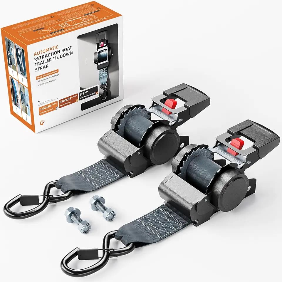 Retractable Ratchet Tie Down Straps for Boat Trailer, Jetski – Heavy Duty 3300lbs Break Strength with Transom Bolt-On, 2 x 72 Inch, 2-Pack