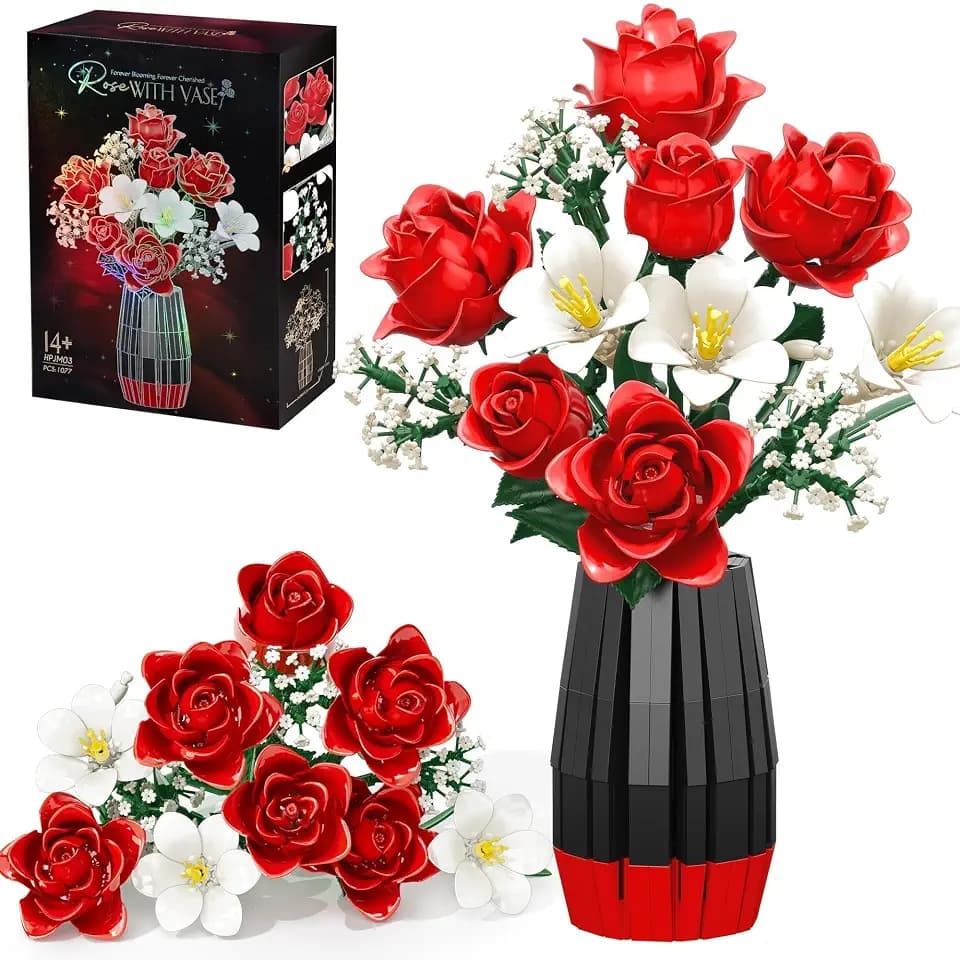 Rose Flowers Bouquet Building with Vase, 1077 PCS Botanical Collection Set