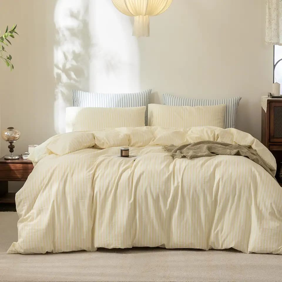 FOSSA Striped Duvet Cover Set 100% Washed Cotton Linen Feel Queen