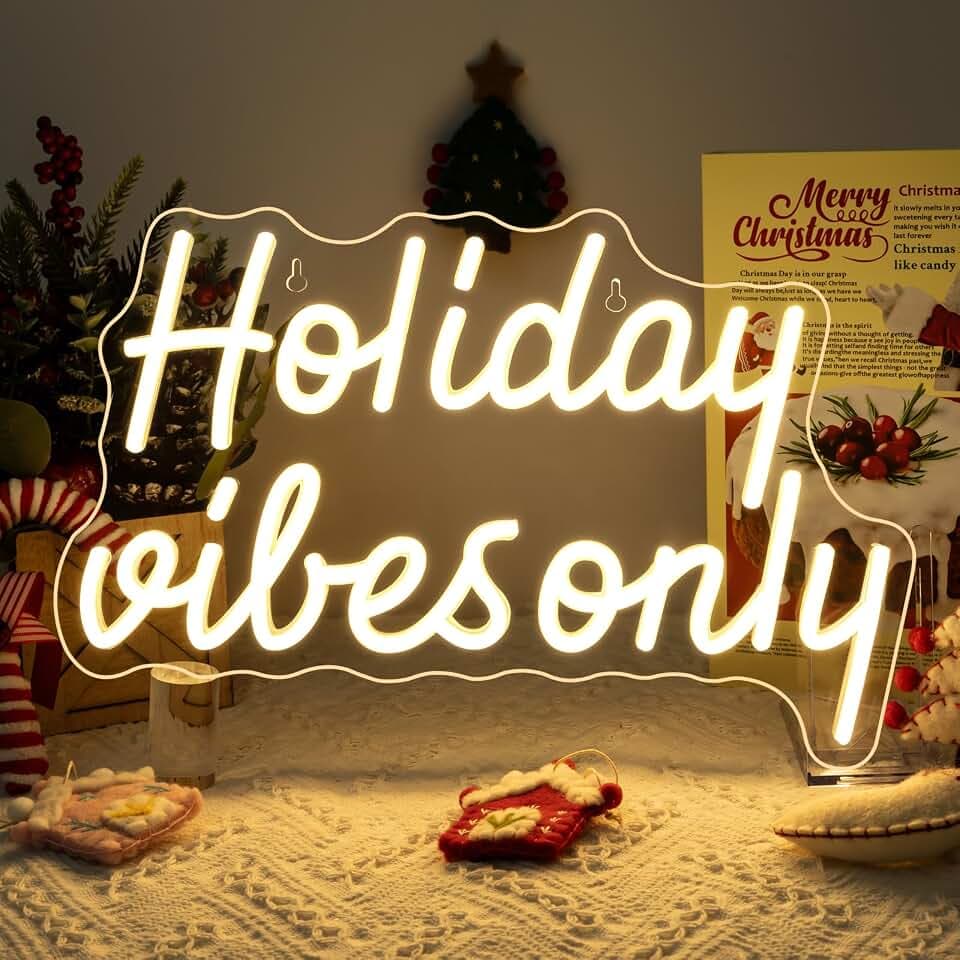 LUCUNSTAR Holiday Vibes Only Neon Schild Holiday Vibes Neon Sign Led Schild Neonlicht Schriftzug Neon Leuchtschrift Dimmbar für Wall Decor Led für Party,Neujahr,Laden,Wohnzimmer,Schlafzimmer